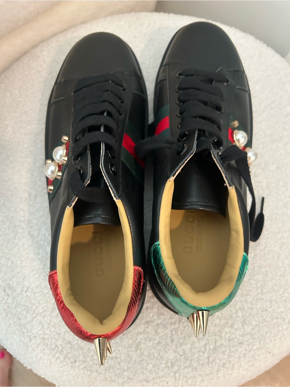 Gucci Black Leather Low-Top Sneakers with Red & Green Accents
